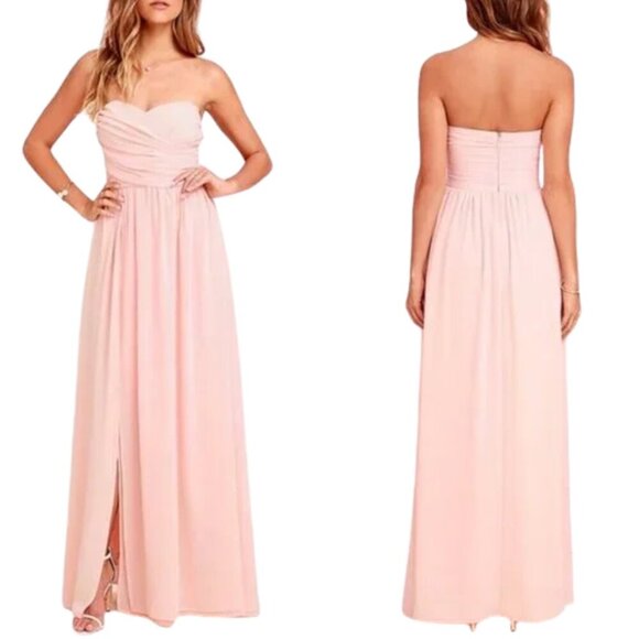 NWT Lulu’s Moonlight Serenade Peach Strapless Maxi Dress w/ Slit - Picture 2 of 2